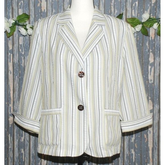 TanJay Ladies White Striped Double Button Jacket 14 Pockets 3/4 Cuffed Sleeves - Picture 1 of 10